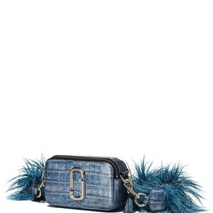 Marc Jacobs Blue Croc-Embossed Crossbody Bag with Pom-Pom Accents